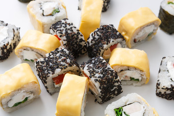 Closeup set of sushi rolls,maki on white background
