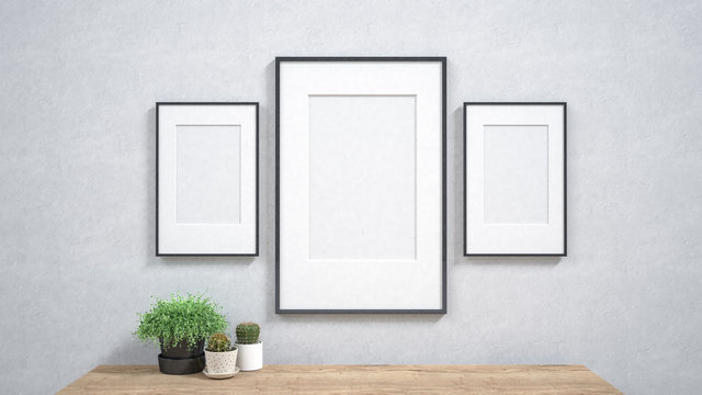 Frame template on the wall in room / 3D render image