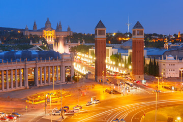 Aerial View on Placa Espanya and Montjuic Hill with National Art Museum of Catalonia in Barcelona at sunset, Catalonia, Spain