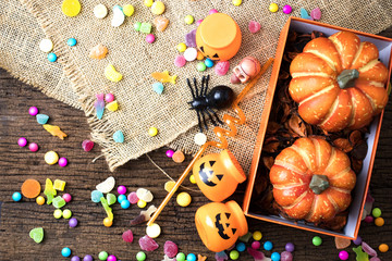 halloween top view decor with candy colorful