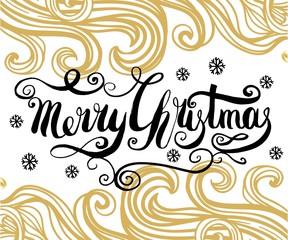 Merry Christmas handcrafted lettering on the gold shiny glitter background.