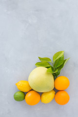 oranges, lime, lemon with green leaves on a gray texture background top view. still life with citrus on a dark background.