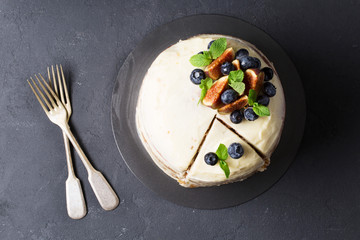 Pumpkin cake with cream cheese, horizontal, selective focus
