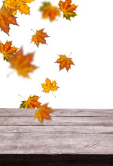 Naklejka na ściany i meble Wood floor on beautiful autumn leaves frame isolated on white background