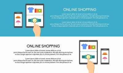Online Shopping Landscape Banner  Finger Touch Purchase Time in shop for Website Banner, Landing Page, Info Graphic , poster in flat design trendy style isolated in blue and white background
