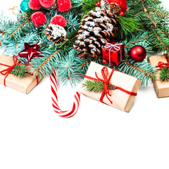 Christmas fir tree with decoration and copy space, isolated on white background. Merry christmas concept greeting card..