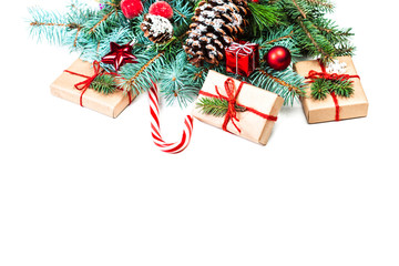 Vintage Merry Christmas Greeting Card. Flat lay, top view with copy space. Christmas or New Year decorations background, isolated.