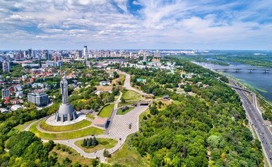 Aerial view of the Motherland Monument and Pechersk Lavra in Kiev, Ukraine