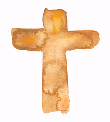 Simple abstract golden brown cross painted in watercolor on clean white background