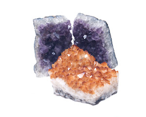 Citrine druzy cluster surrounded by amethyst druzy clusters  isolated on white background