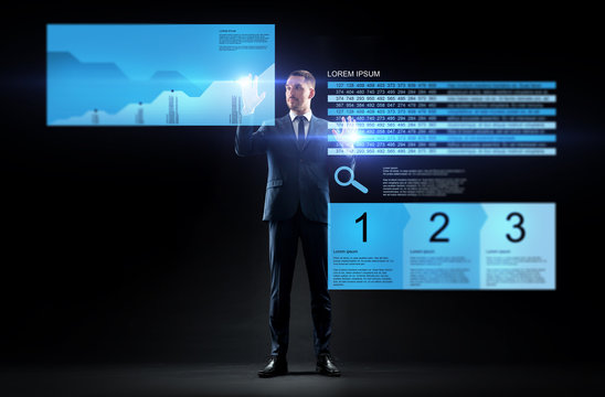 businessman with stock charts on virtual screens