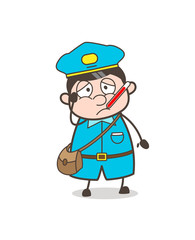 Comic Sick Postman with Fever-Thermometer in Mouth