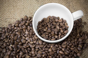 Fototapeta premium arabica coffee beans in coffee cup with sack cloth background.roasted coffee beans pattern