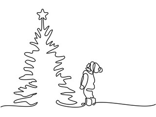 Continuous line drawing. New year card boy looking at Christmas tree with star on top. Vector illustration total editable, choose thickness and place of line