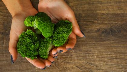 Naklejka na ściany i meble Fresh green broccoli in hands on a wooden background. with copy space. top view