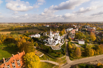 Aerial view of the Temple of Faith, Hope and Charity and their mother Sophia in Bagrationovsk, Russia, autumn time