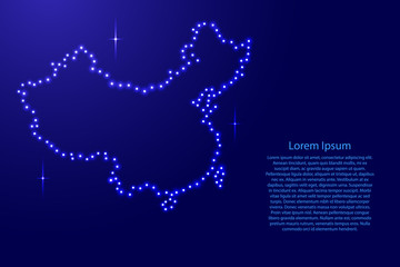 Map China from luminous blue star space points on the contour for banner, poster, greeting card, of vector illustration.