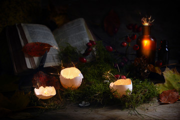 glowing and sparkling eggshells and pharmacy bottles in front of a magic book on moss and autumn leaves, dark background, halloween concept, mysterious still life