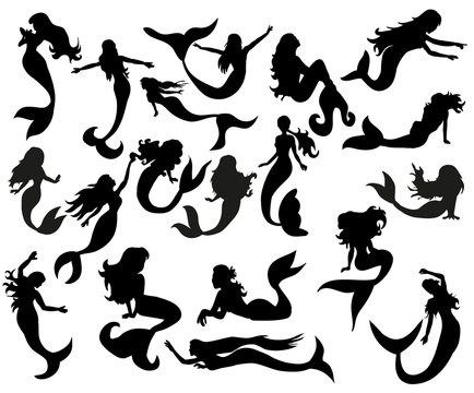 isolated silhouette of a mermaid set