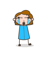 Cartoon Lady Crying Loudly Face Vector
