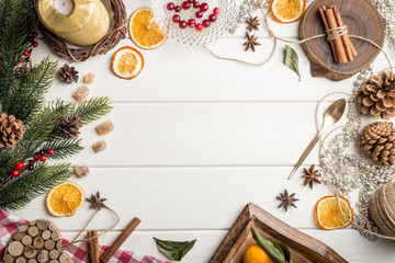 Christmas food frame on white wooden