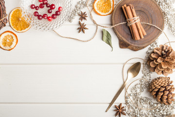 Christmas food frame on white wooden