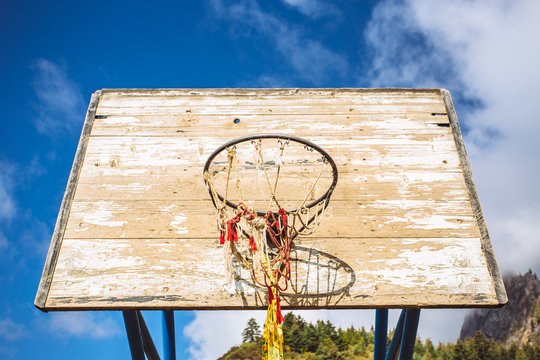 Basketball stands in the Tibet area,with prayer flags