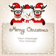 Fototapeta na wymiar Funny postcard with Christmas reindeer and snowman. 