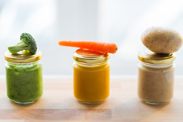 vegetable puree or baby food in glass jars