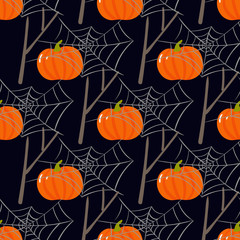 Halloween seamless pattern with pumpkins and web. Vector background for