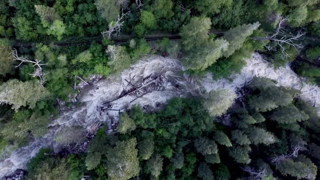 Overhead View, Aerial Drops Down Over Whitewater In Wilderness, Wasatch Mountain Range, Utah
