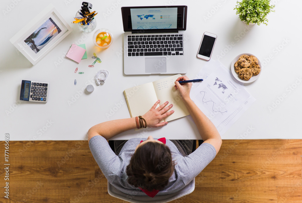 Sticker woman with laptop writing to notebook at office