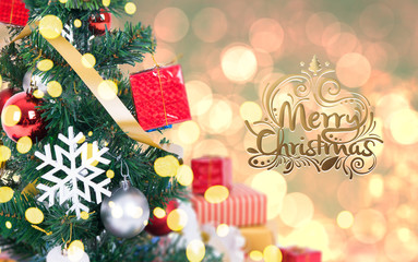 Christmas tree with decorations and snowflake on bokeh background. for Happy New Year 2018