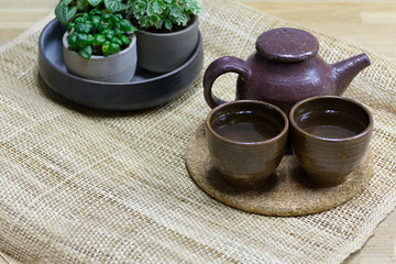 Tea set with decorative pot plants on weave mat