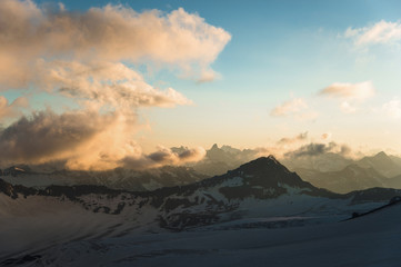 Sunset panorama of the elbrus and part of the Caucasian ridge
