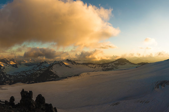 Sunset panorama of the elbrus and part of the Caucasian ridge