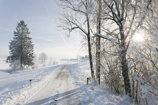 Street in winter landscape in austria