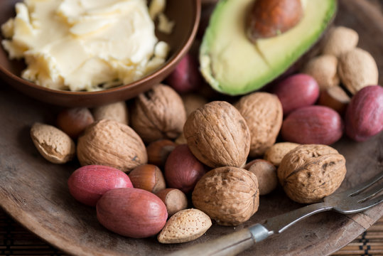 Grouping of Foods with Healthy Fats - Nuts, Butter, Avocado