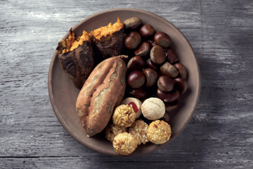 sweet potato, chestnuts and Catalan panellets