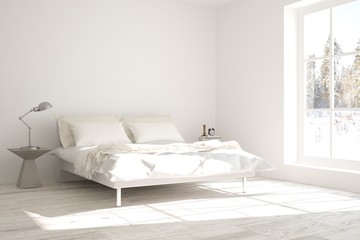 Naklejka na ściany i meble Idea of white minimalist bedroom. Scandinavian interior design. 3D illustration
