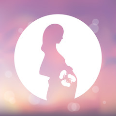 Pink silhouette of pregnant woman in a white circle. Multiple pregnancy. Triplets embryos. Illustration for web or typography, magazine, brochure, flyer, poster. Blurred pink background