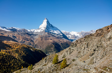 Famous five lakes trail over Matterhorn peak in Zermatt, Switzerland.