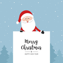 santa claus behind banner showing christmas greeting winter landscape background