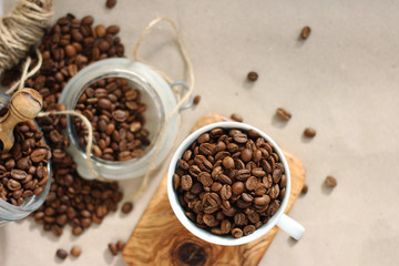 Coffee cup and beans brewing