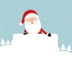 santa claus behind blank banner showing christmas greeting winter landscape background