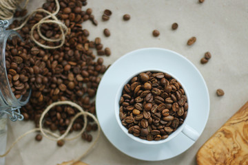 Coffee cup and beans brewing
