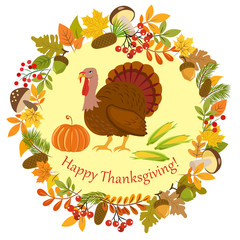 Greeting card, banner with turkey, pumpkin, corn and wreath of autumn leaves, rowan berries, cones, acorns, needles, mushrooms and place for text, greeting with Thanksgiving