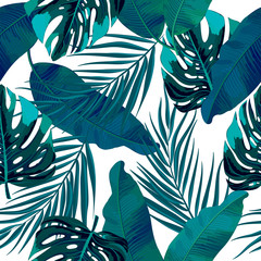 Obraz premium Seamless pattern of tropical leaves of palm tree. Vector background.