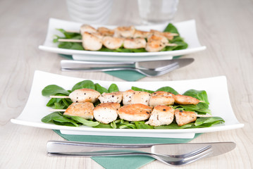 Hühnerfleischspiess mit frischem Feldsalat
