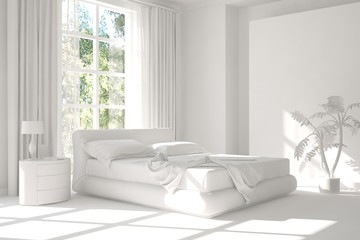Inspiration of white minimalist  bedroom with summer landscape in window. Scandinavian interior design. 3D illustration